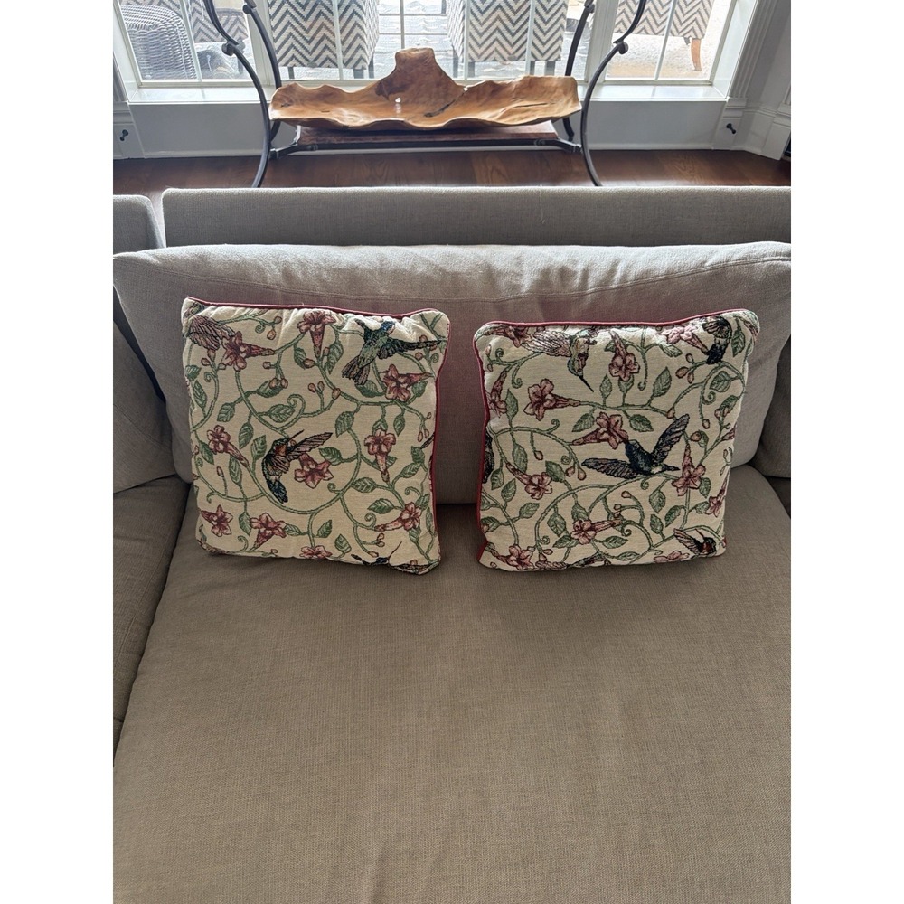 Hummingbird Floral Tapestry Throw Pillows Pair 15x15‎ Cottage Garden Decor VTG